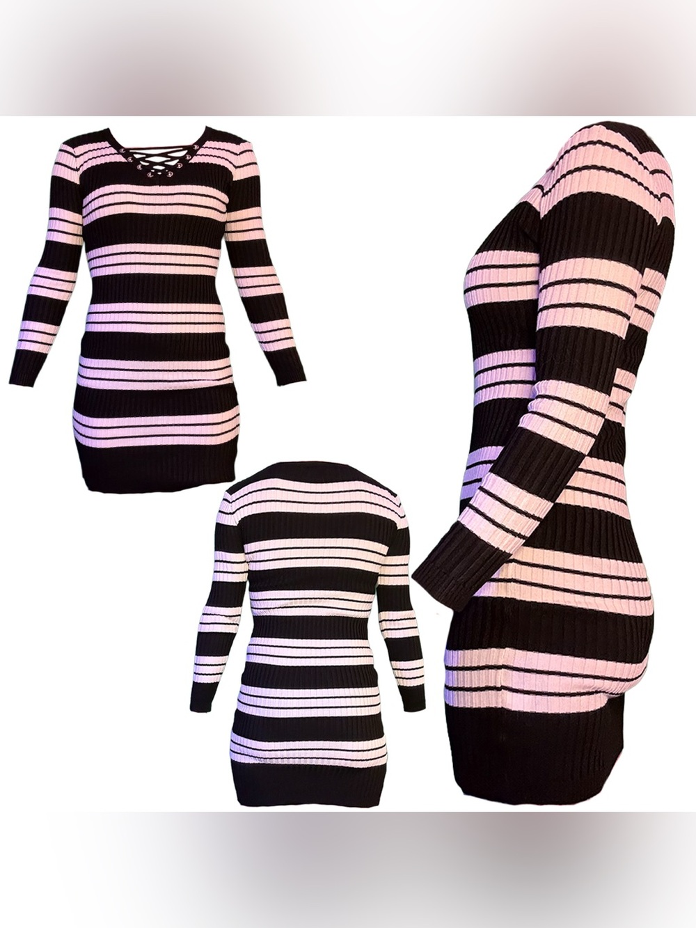 Lace-Up Striped Knit Mini Dress in White & Black